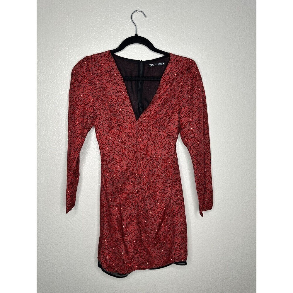 Zara Dress Womens XS Mini V Neck Ruched Party Polka Dot Red Black Long Sleeve